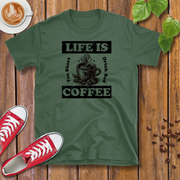 Life Is Too Short To Drink Bad Coffee T-Shirt – Coffee Cup, Distressed, Unisex Casual Wear Tee Shirt Design By Tomi