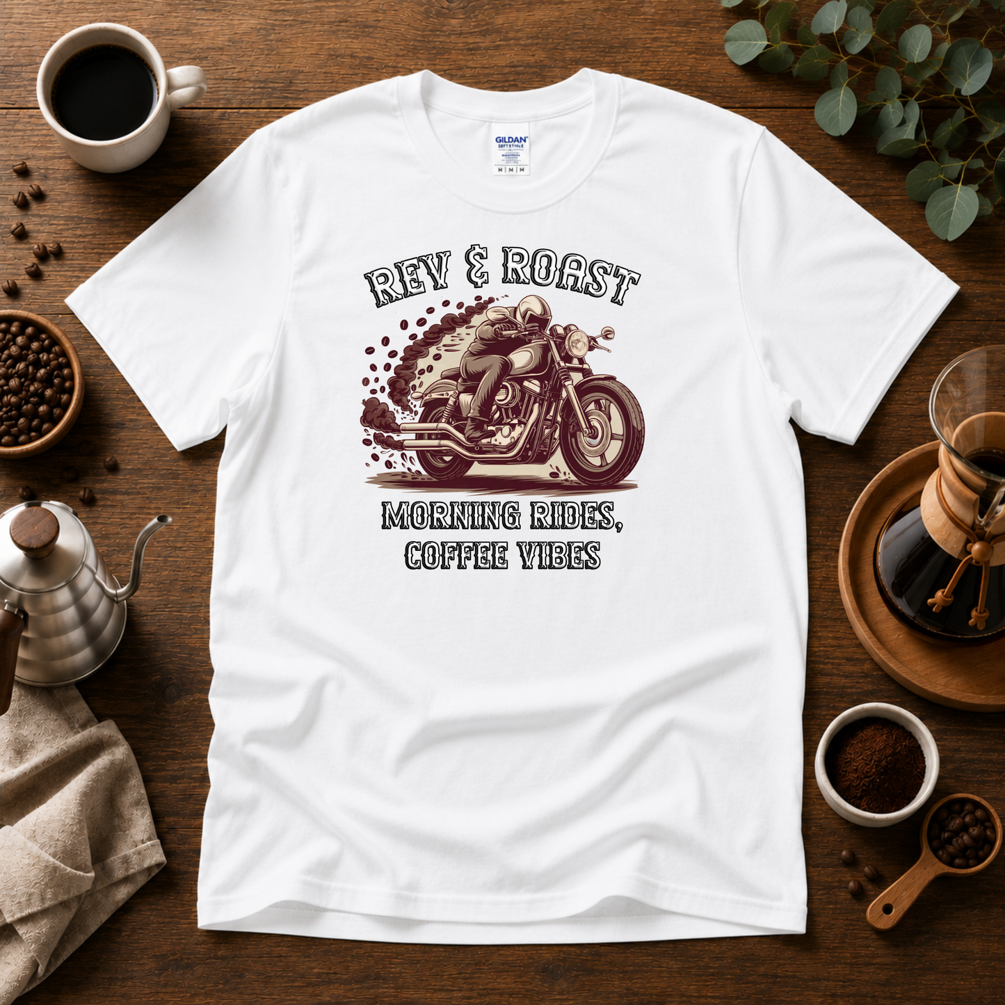 Rev & Roast Motorcycle and Coffee T-Shirt – Cafe Racer Design, Unisex Casual Wear Tee