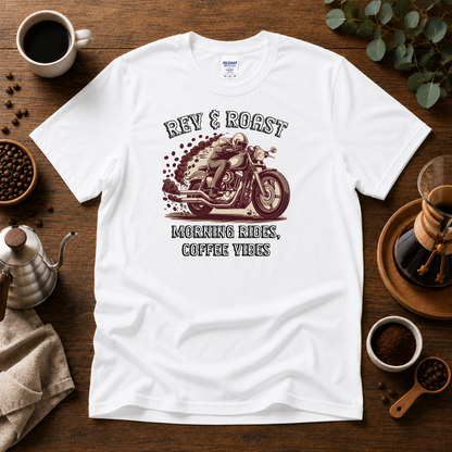Rev & Roast Motorcycle and Coffee T-Shirt – Cafe Racer Design, Unisex Casual Wear Tee
