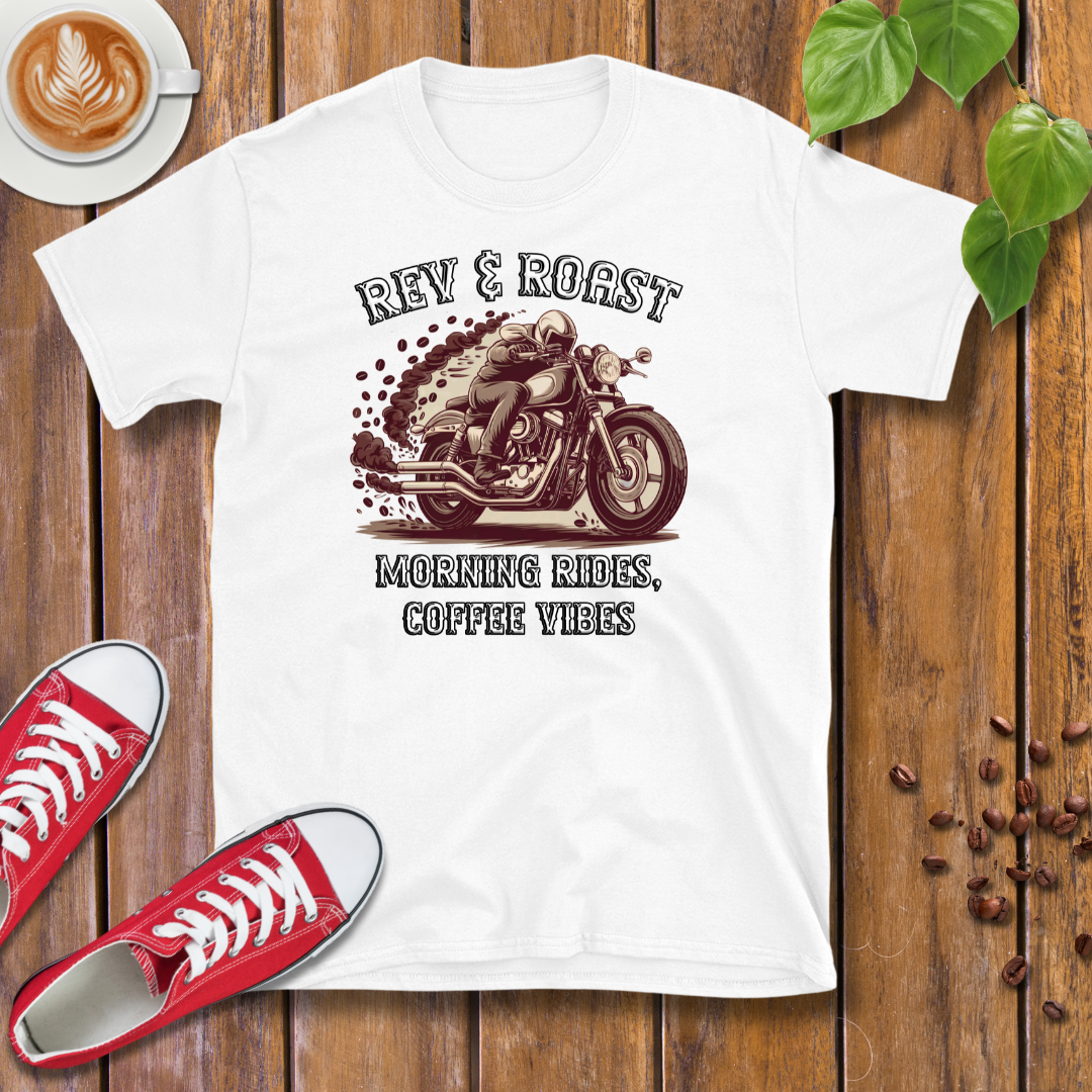 Rev & Roast Motorcycle and Coffee T-Shirt – Cafe Racer Design, Unisex Casual Wear Tee