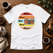 Coffee, Shoot, Edit, Sleep, Repeat T-shirt, Retro Sunset T-Shirt Design By Tomi