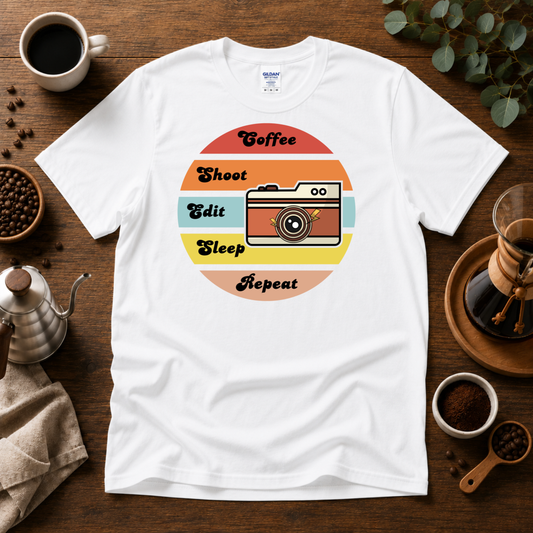 Coffee, Shoot, Edit, Sleep, Repeat T-shirt, Retro Sunset, Casual Unisex Wear, Short Sleeve Crewneck Shirt.