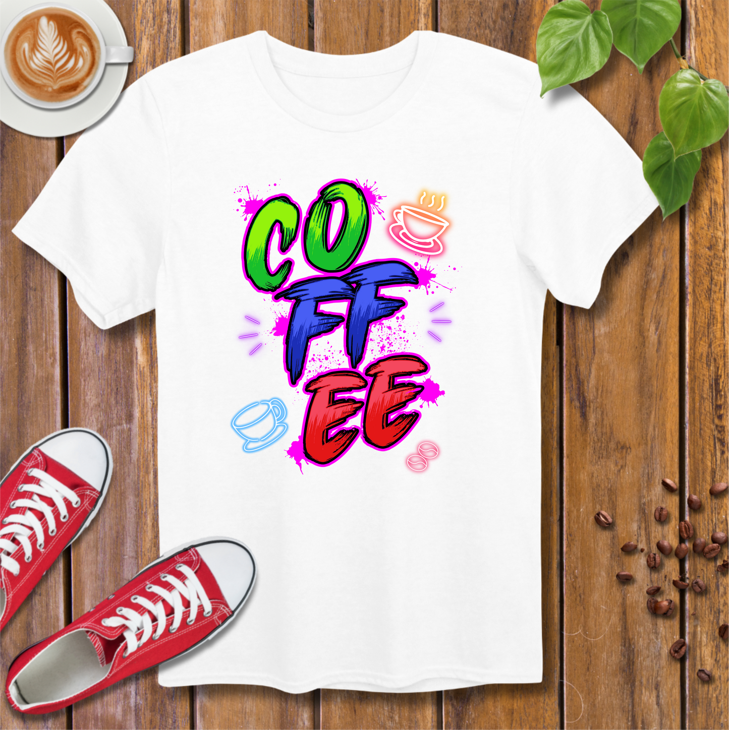 Vintage Neon Coffee T-Shirt – Colorful Paint Splatter Design