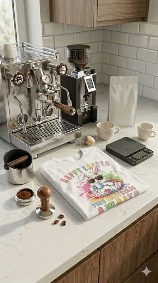 Happy Easter Coffee Style T-Shirt - Colorful Bunny Design with 'Your Eggspresso Awaits'