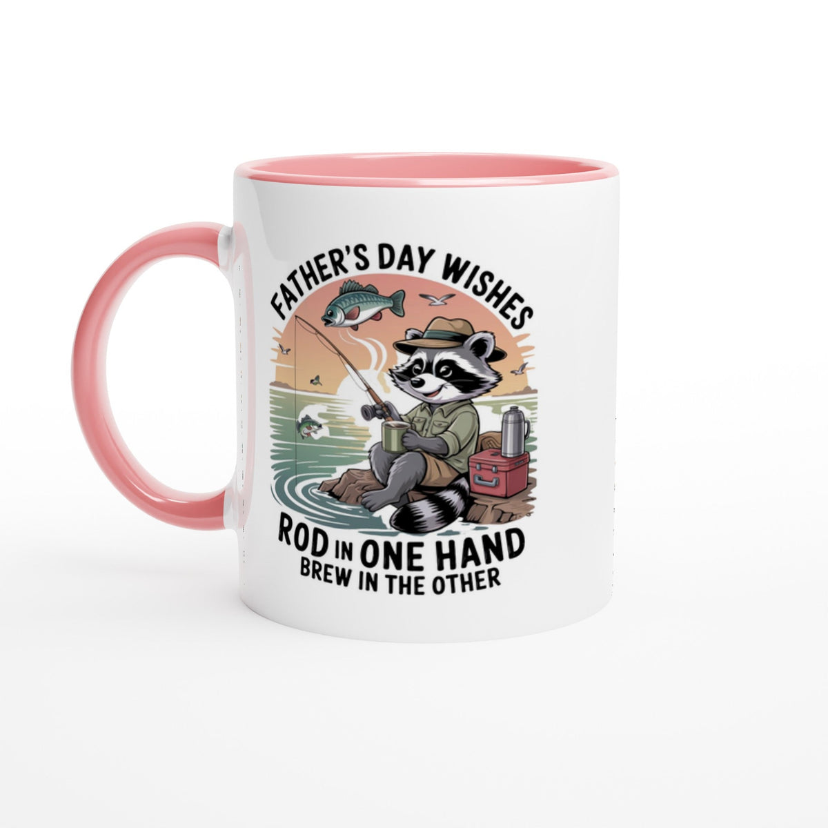 Father's Day Fishing and Coffee Ceramic Mug with Colorful Rim - Design By Tomi