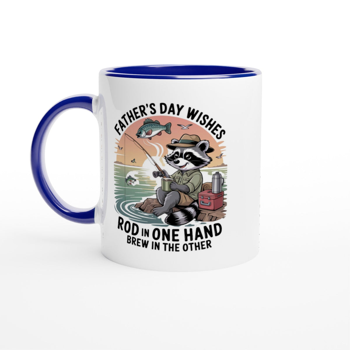 Father's Day Fishing and Coffee Ceramic Mug with Colorful Rim - Design By Tomi