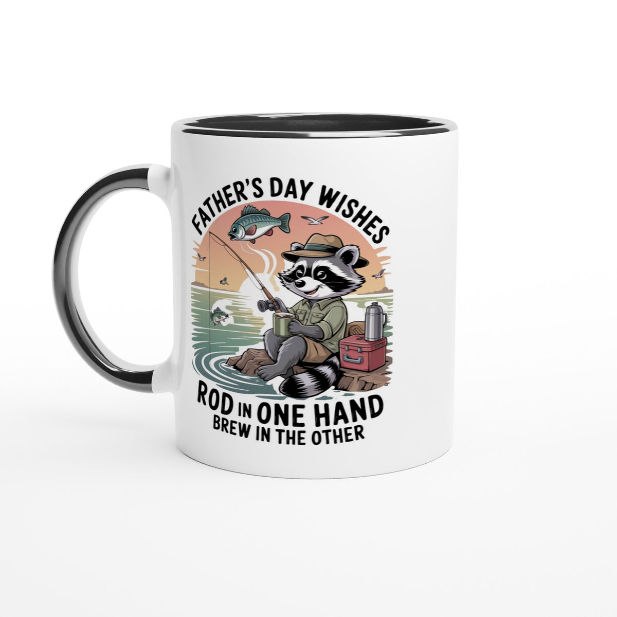 Father's Day Fishing and Coffee Ceramic Mug with Colorful Rim - Design By Tomi