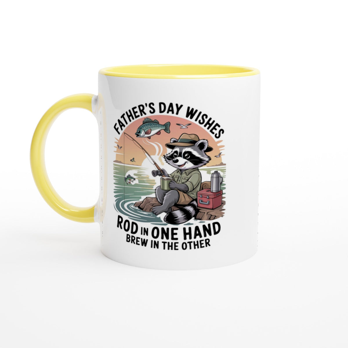 Father's Day Fishing and Coffee Ceramic Mug with Colorful Rim - Design By Tomi