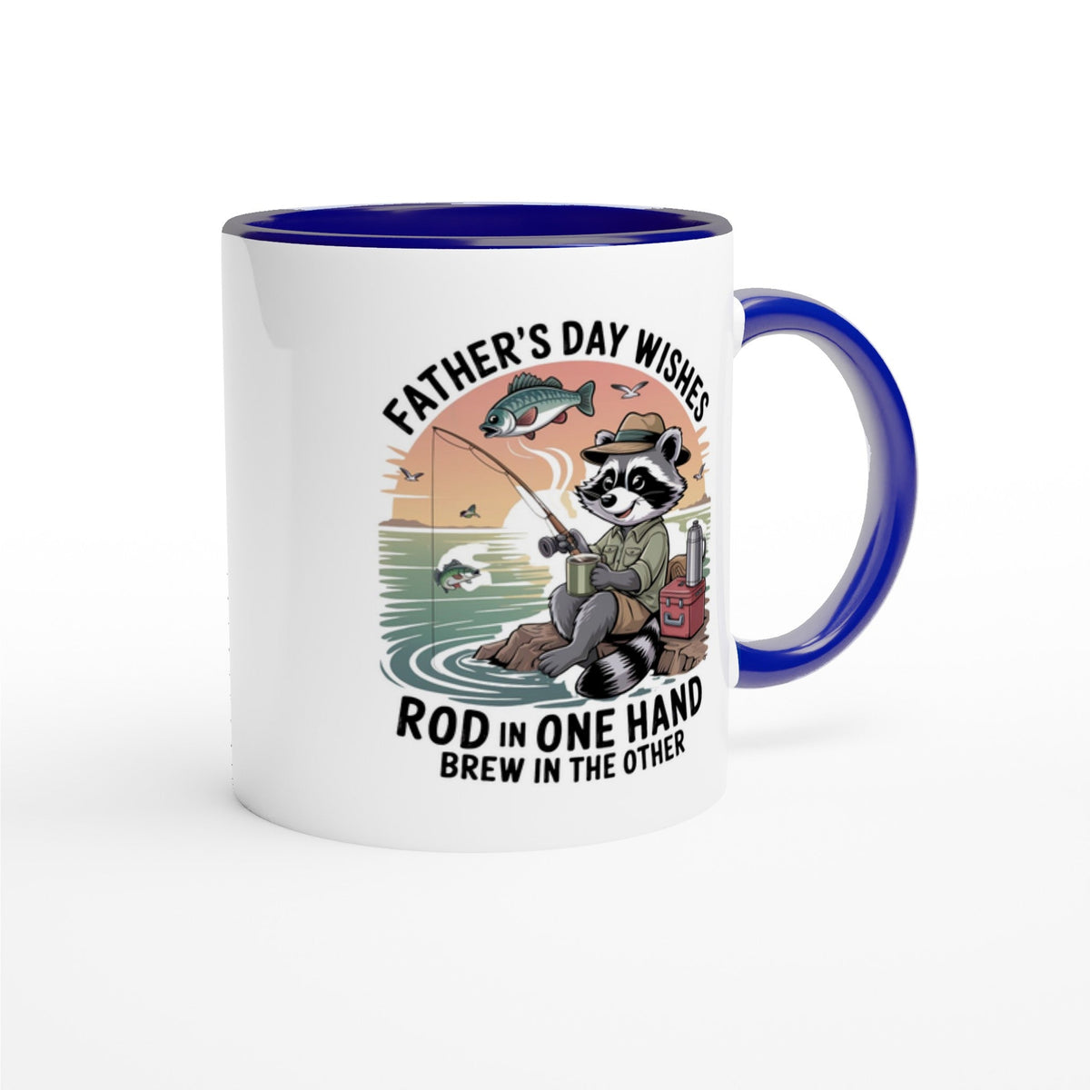 Father's Day Fishing and Coffee Ceramic Mug with Colorful Rim - Design By Tomi