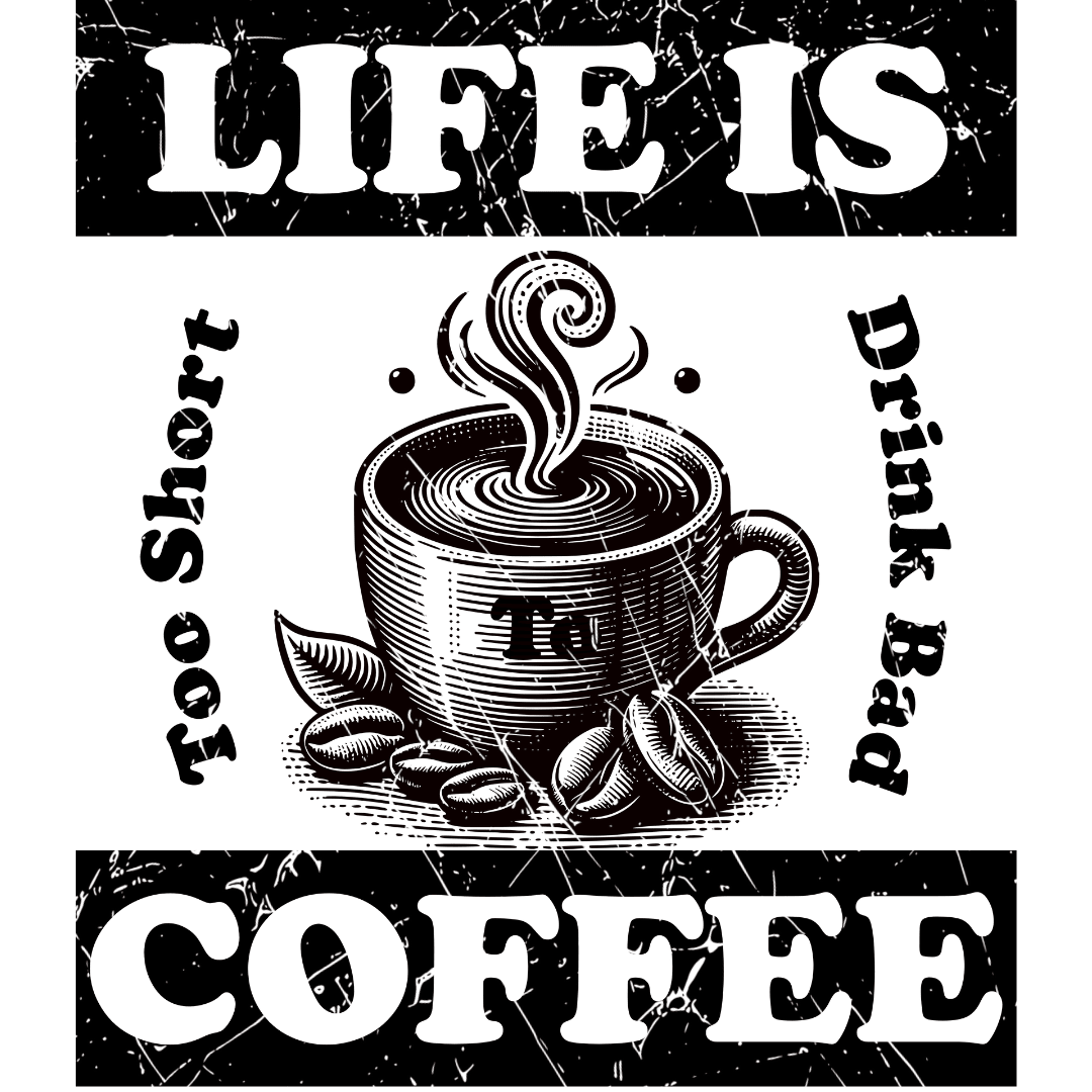Life Is Too Short To Drink Bad Coffee T-Shirt – Coffee Cup, Distressed, Unisex Casual Wear Tee Shirt - Design By Tomi