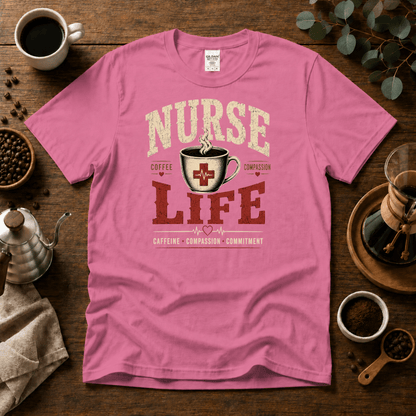 Nurse Life T-Shirt – Coffee and Compassion Graphic Tee for Nurses - Design By Tomi