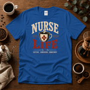 Nurse Life T-Shirt – Coffee and Compassion Graphic Tee for Nurses - Design By Tomi
