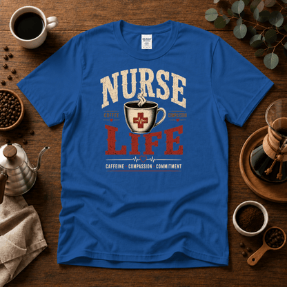 Nurse Life T-Shirt – Coffee and Compassion Graphic Tee for Nurses - Design By Tomi