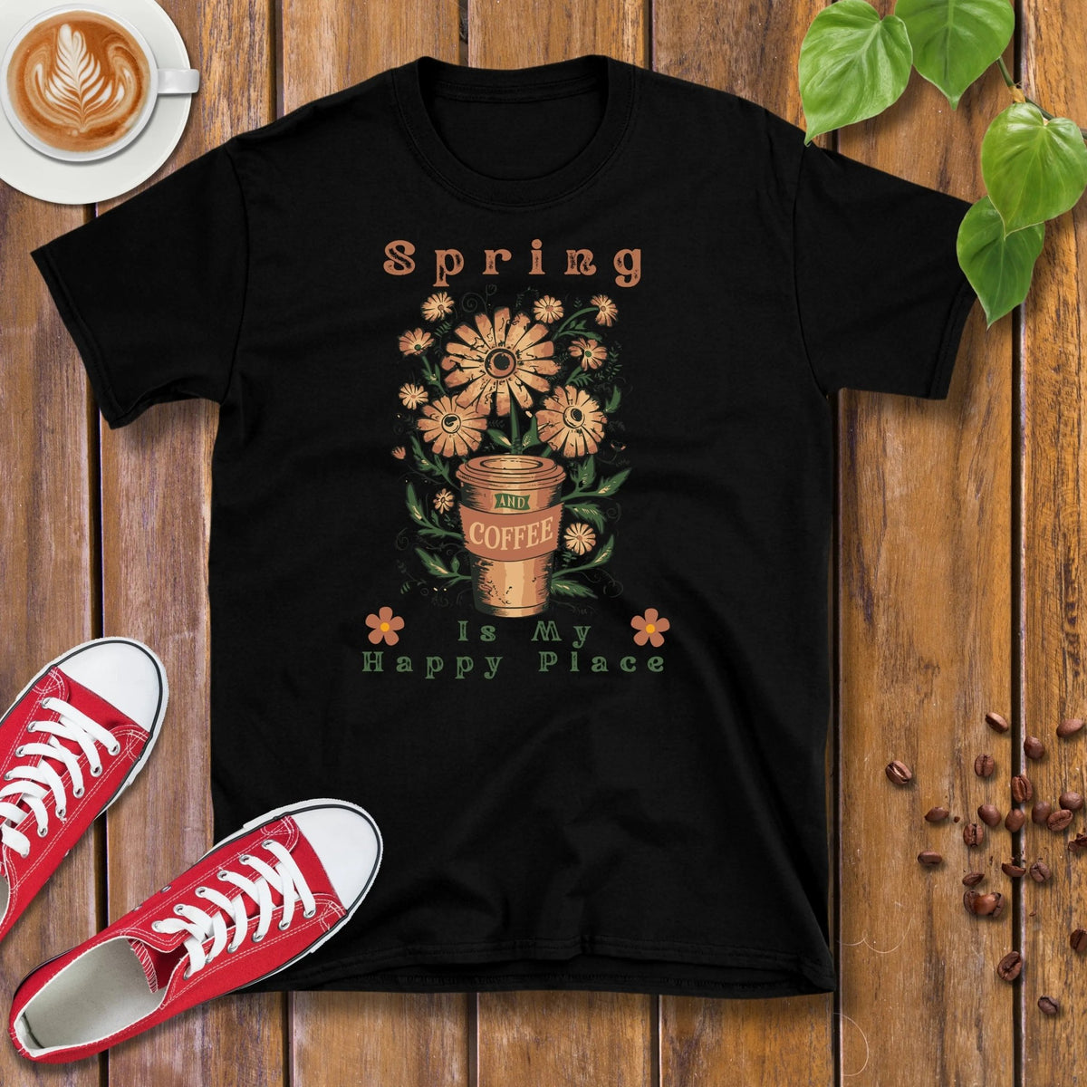 Spring and Coffee Is My Happy Place T-Shirt - Design By Tomi