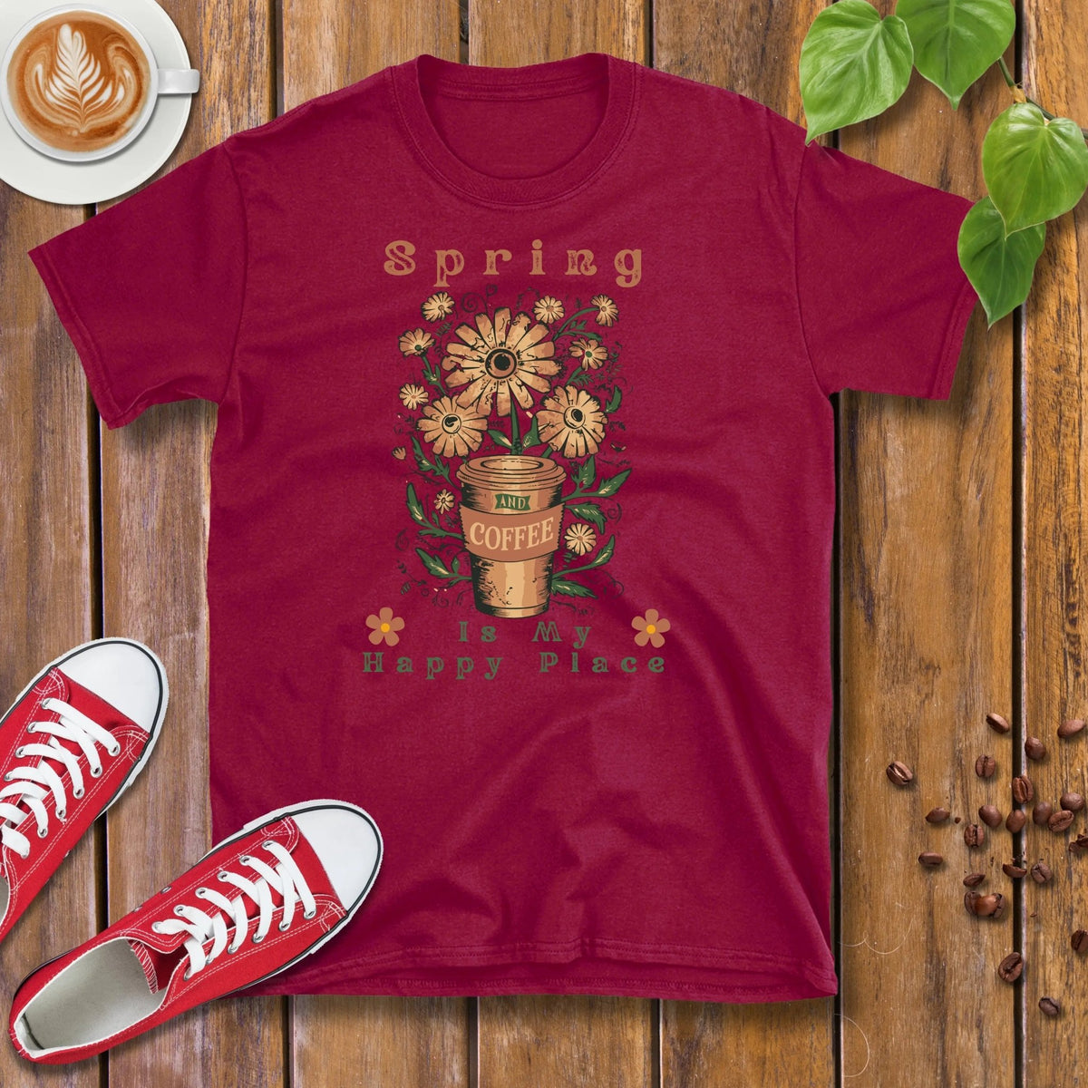 Spring and Coffee Is My Happy Place T-Shirt - Design By Tomi