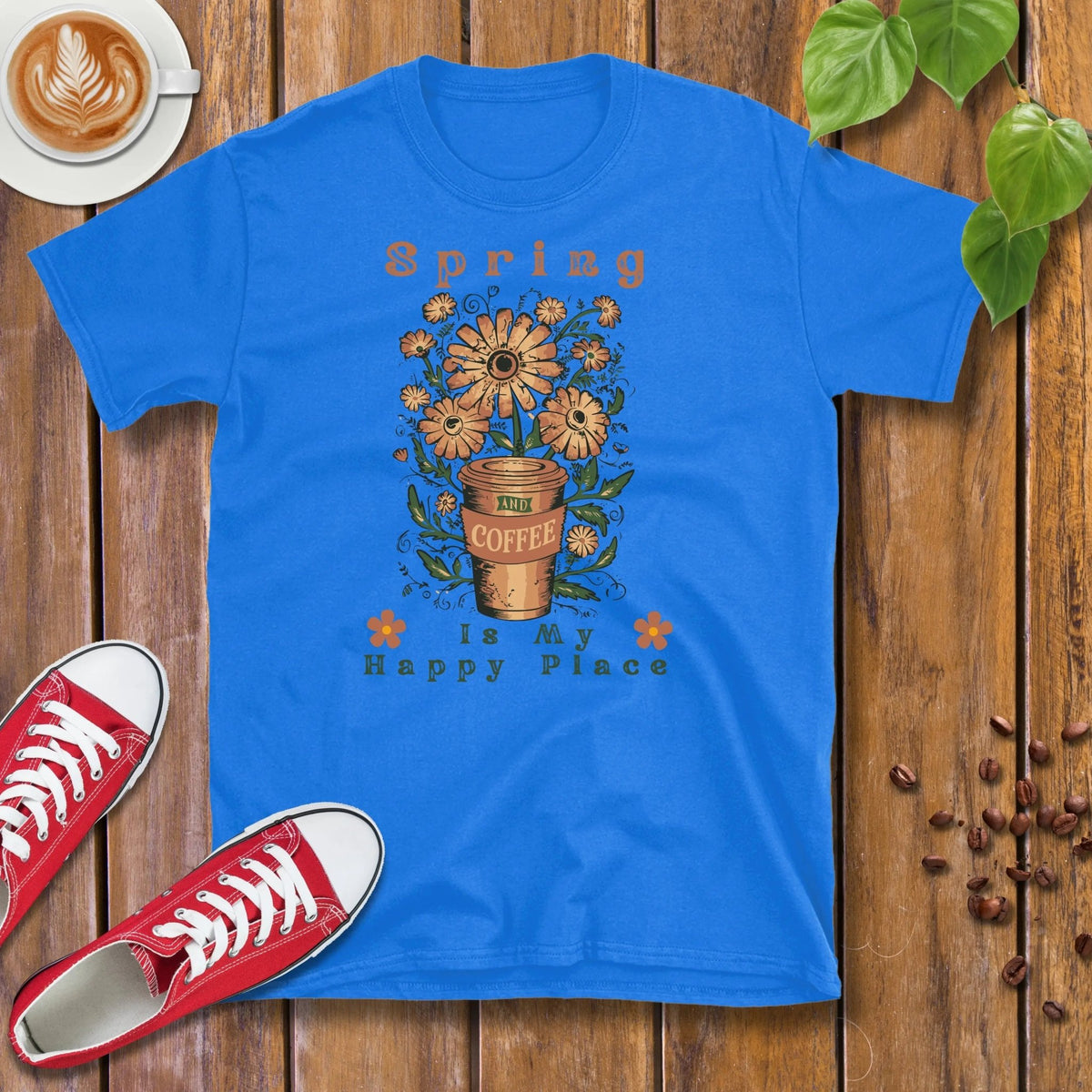 Spring and Coffee Is My Happy Place T-Shirt - Design By Tomi