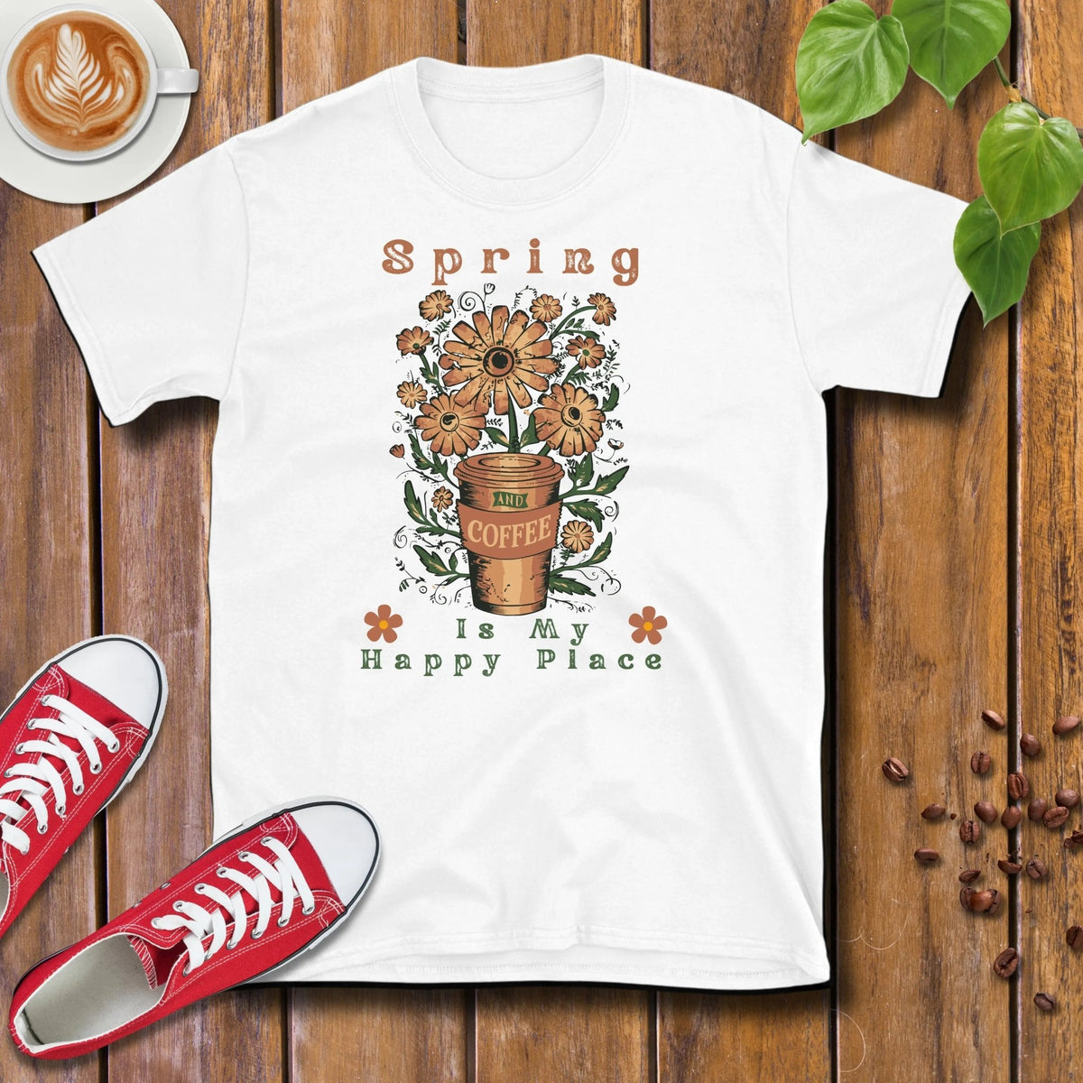 Spring and Coffee Is My Happy Place T-Shirt - Design By Tomi