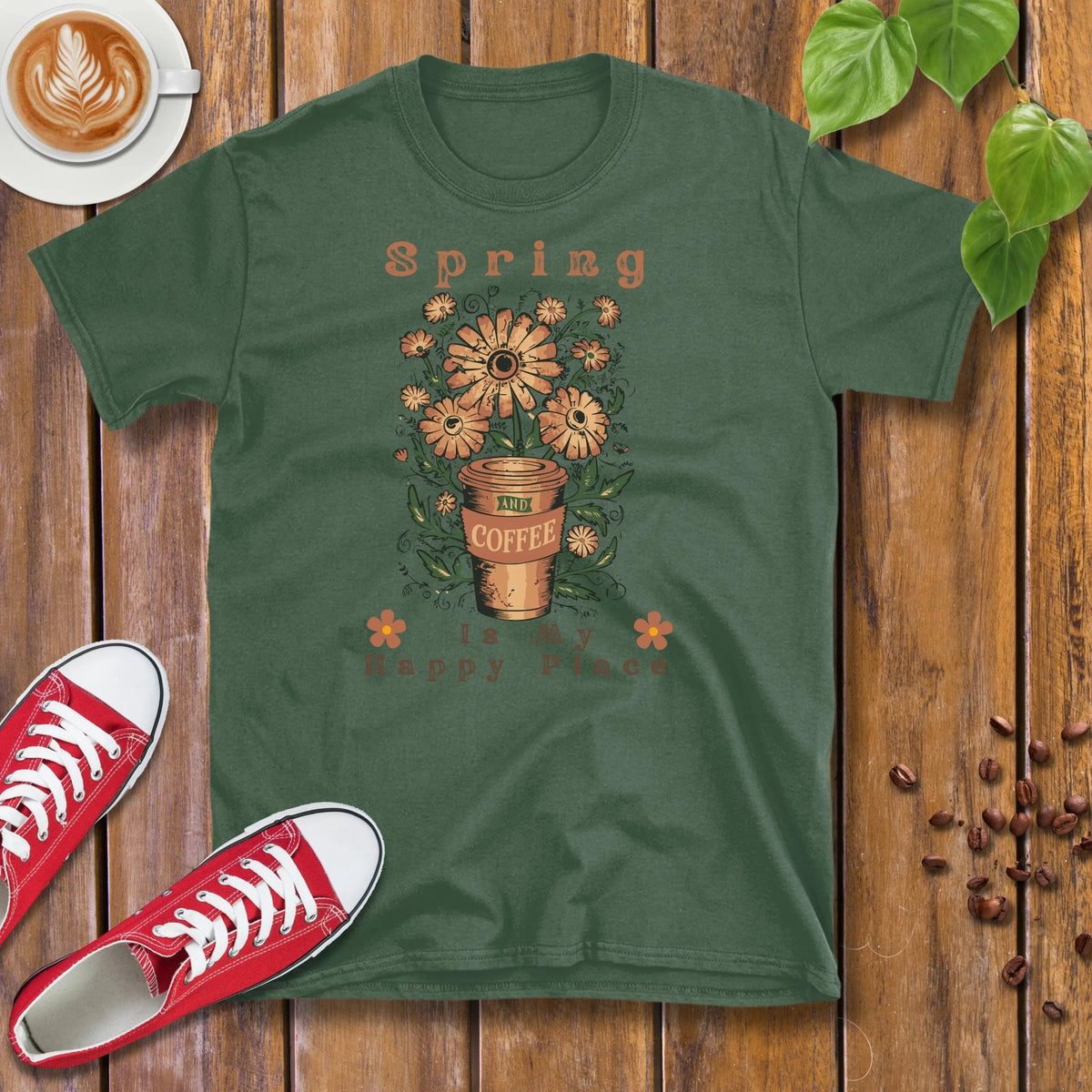 Spring and Coffee Is My Happy Place T-Shirt - Design By Tomi