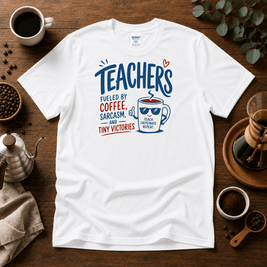 Teachers Fueled by Coffee Sarcasm and Tiny Victories T-Shirt - Design By Tomi