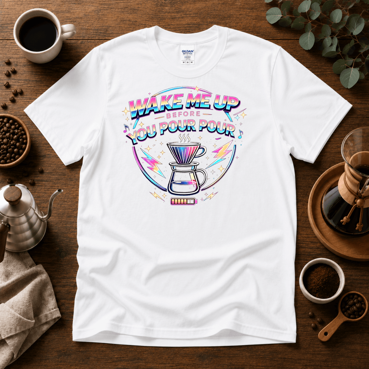Wake Me Up Before You Pour Pour 80s Coffee T-Shirt - Design By Tomi