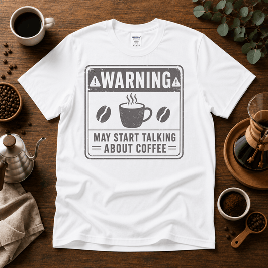 "Warning" May Start Talking About Coffee T-Shirt - Design By Tomi